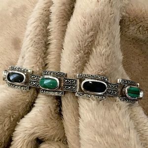 Art Deco Onyx Marcasite Malachite Sterling Silver Bracelet